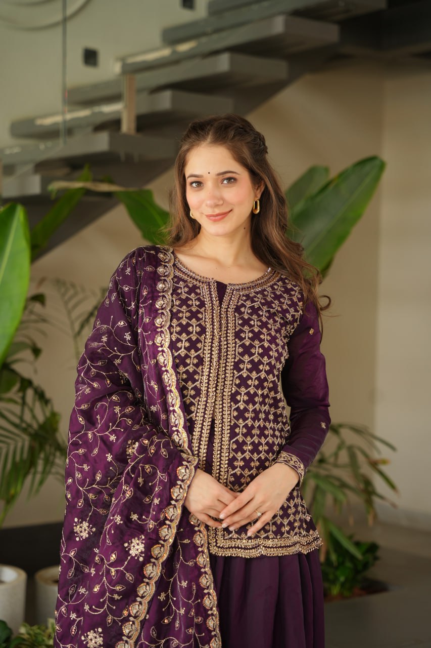 Designer Wine Fendy Rich Beads Embroidered Sharara Set