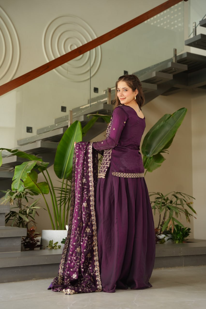 Designer Wine Fendy Rich Beads Embroidered Sharara Set