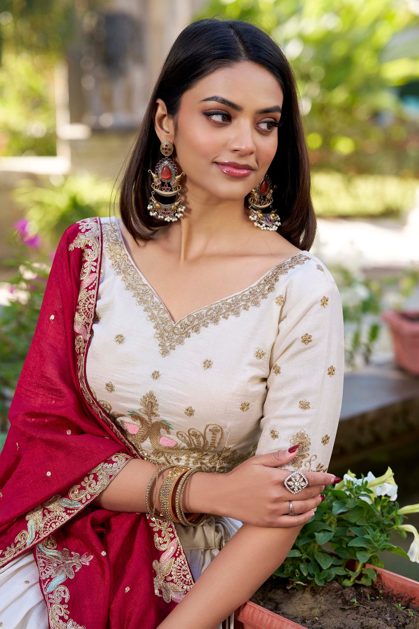 Off white Color Sequins And Thread Embroidery Work Vichitra Silk Lehenga Choli