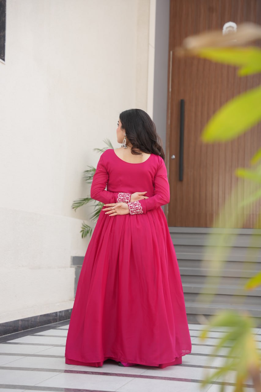 Aesthetic Hot Pink Bead Embroidery Georgette Designer Gown