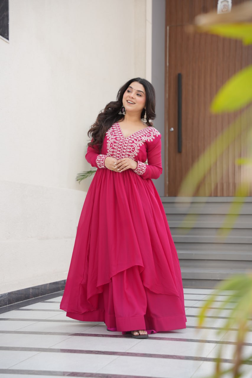 Aesthetic Hot Pink Bead Embroidery Georgette Designer Gown