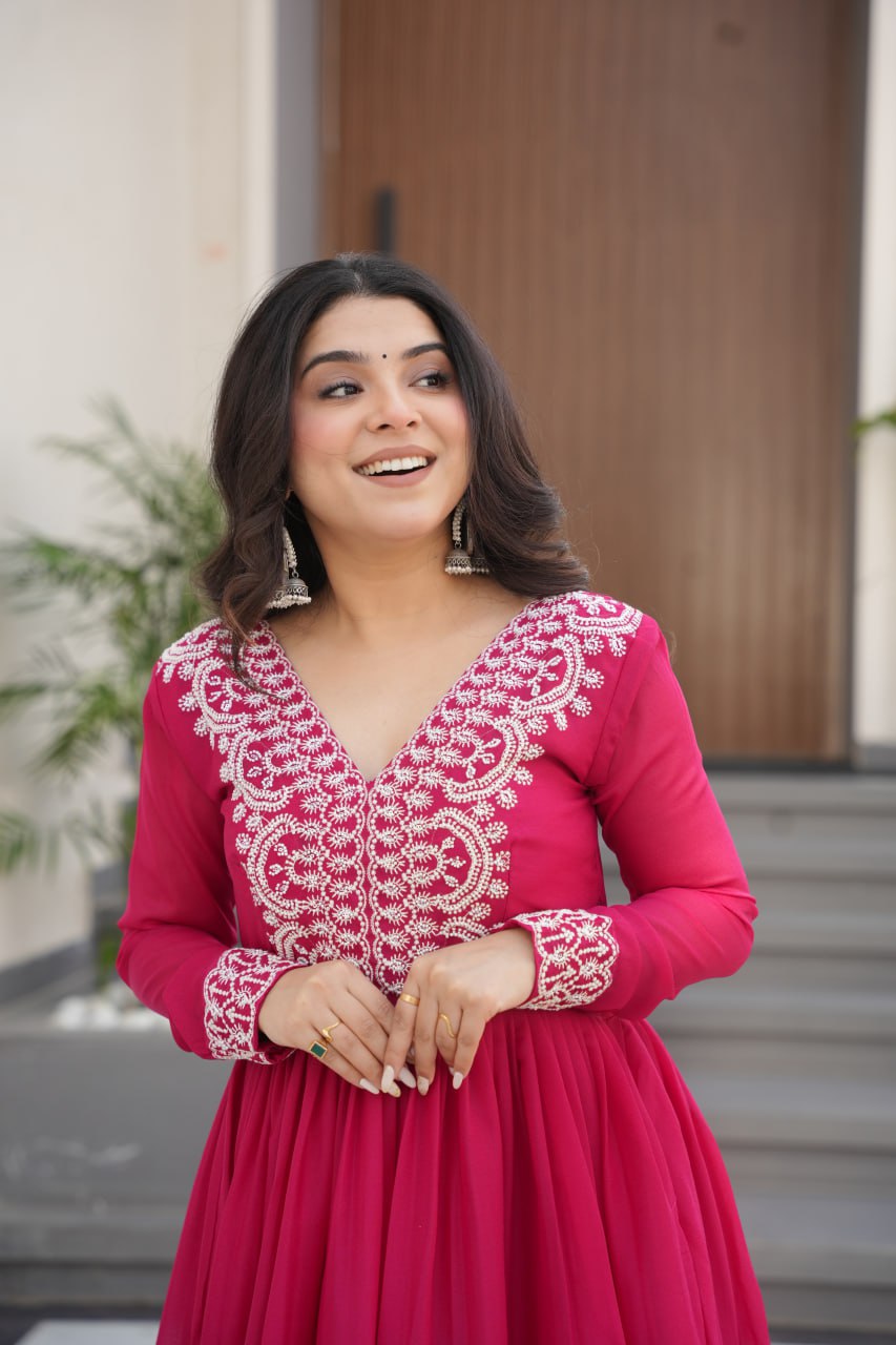 Aesthetic Hot Pink Bead Embroidery Georgette Designer Gown
