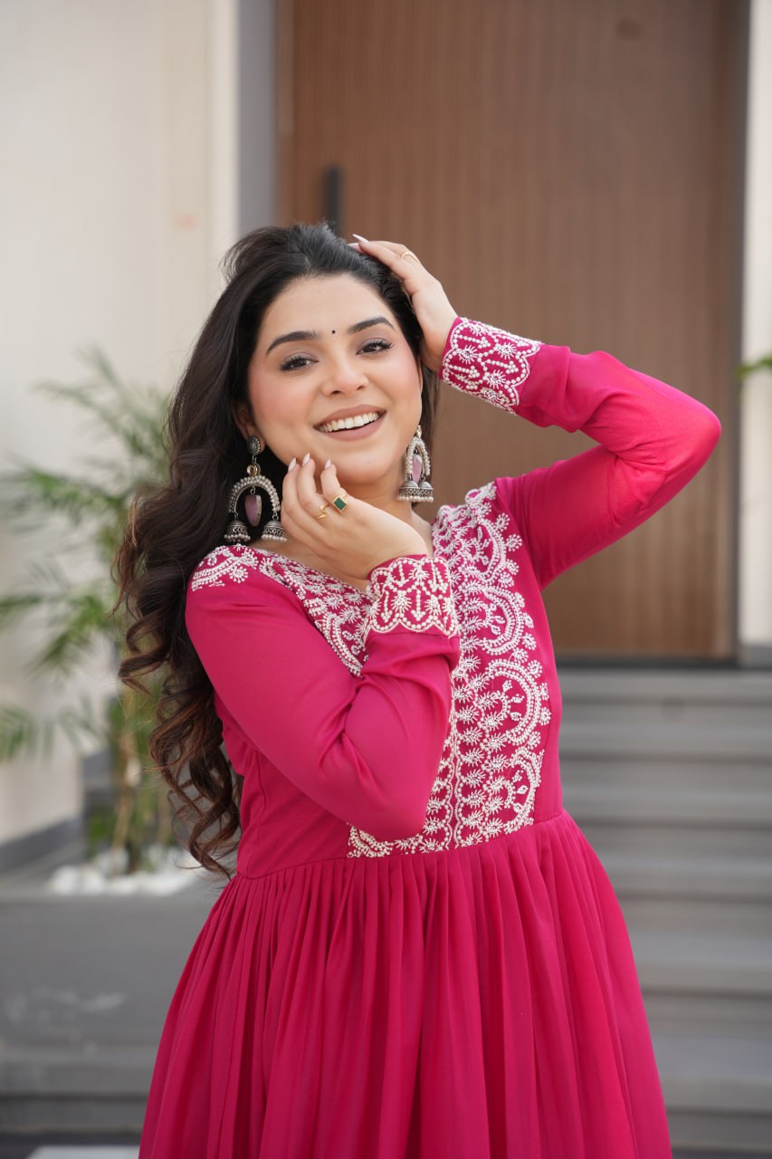 Aesthetic Hot Pink Bead Embroidery Georgette Designer Gown