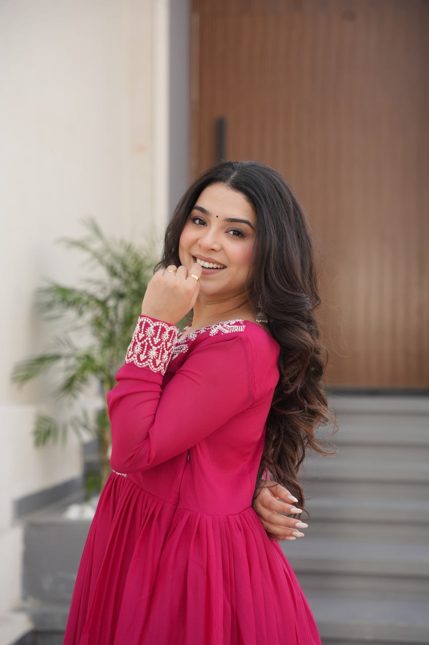 Aesthetic Hot Pink Bead Embroidery Georgette Designer Gown