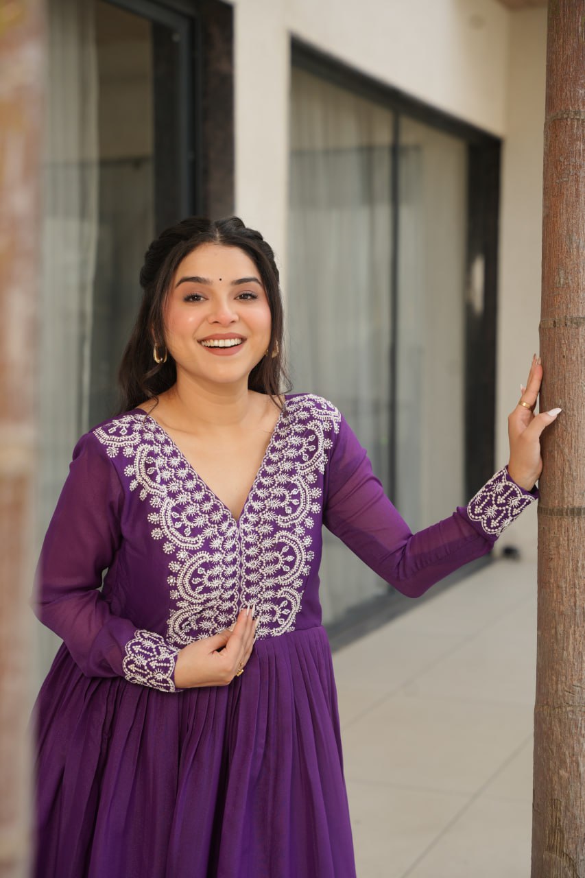 Fabulous Purple Cutdana Embroidery Georgette Wedding Wear Gown