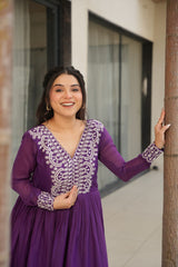Fabulous Purple Cutdana Embroidery Georgette Wedding Wear Gown