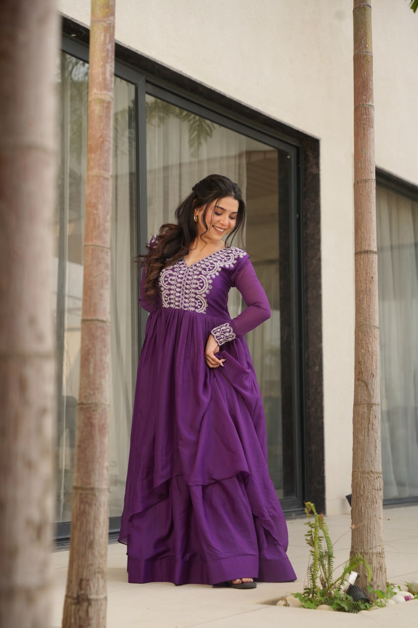 Fabulous Purple Cutdana Embroidery Georgette Wedding Wear Gown