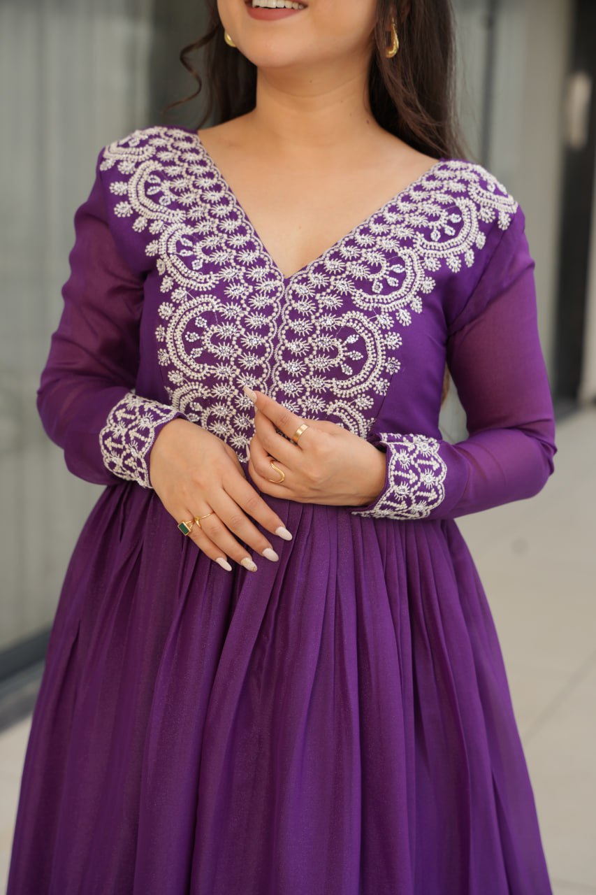 Fabulous Purple Cutdana Embroidery Georgette Wedding Wear Gown