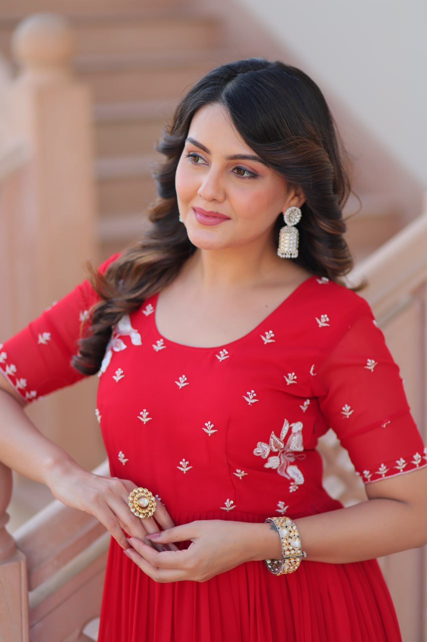 Delicate Red Georgette Embroidered Festival Wear Gown