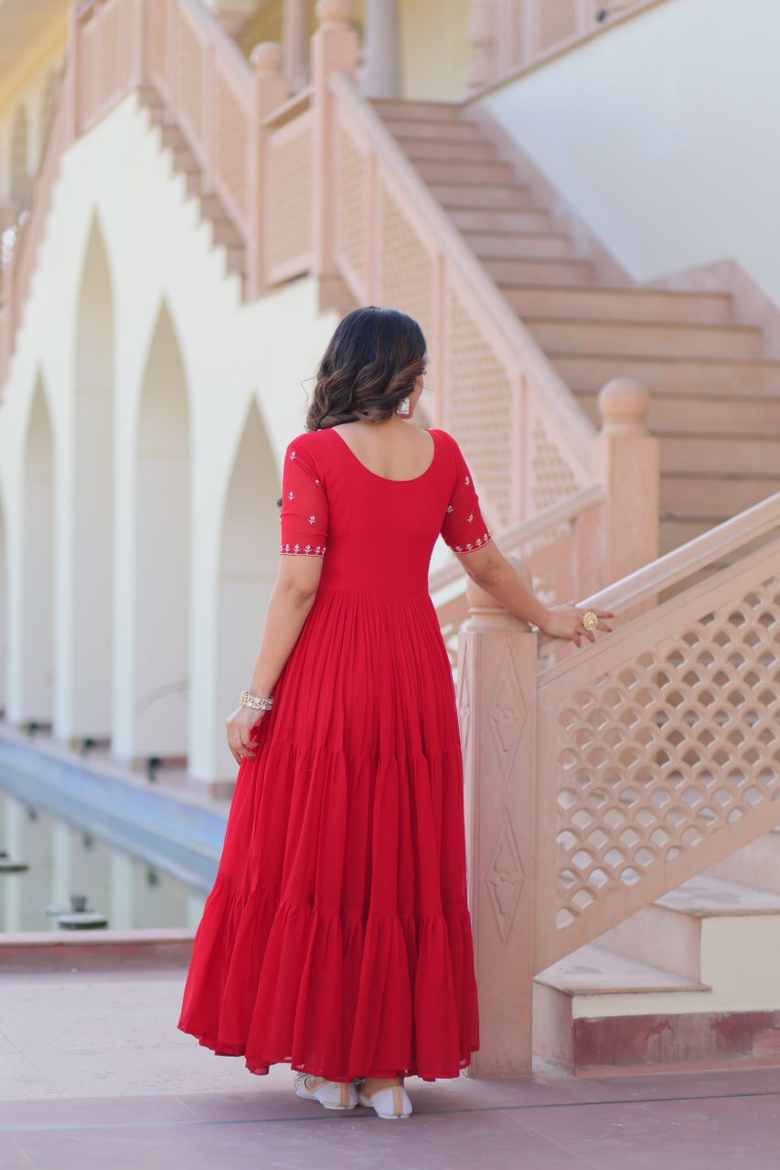 Delicate Red Georgette Embroidered Festival Wear Gown