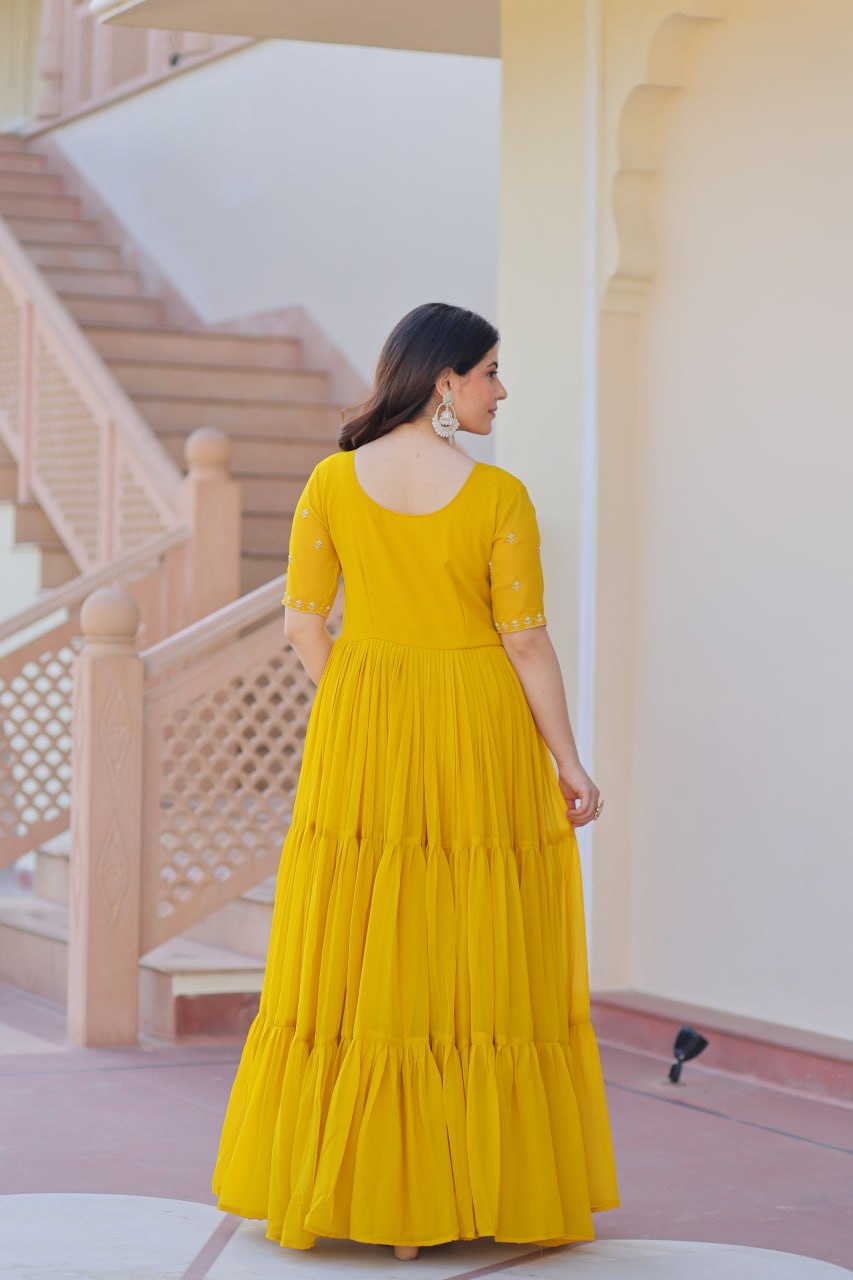 Sweet Yellow Embroidered Georgette Traditional Gown