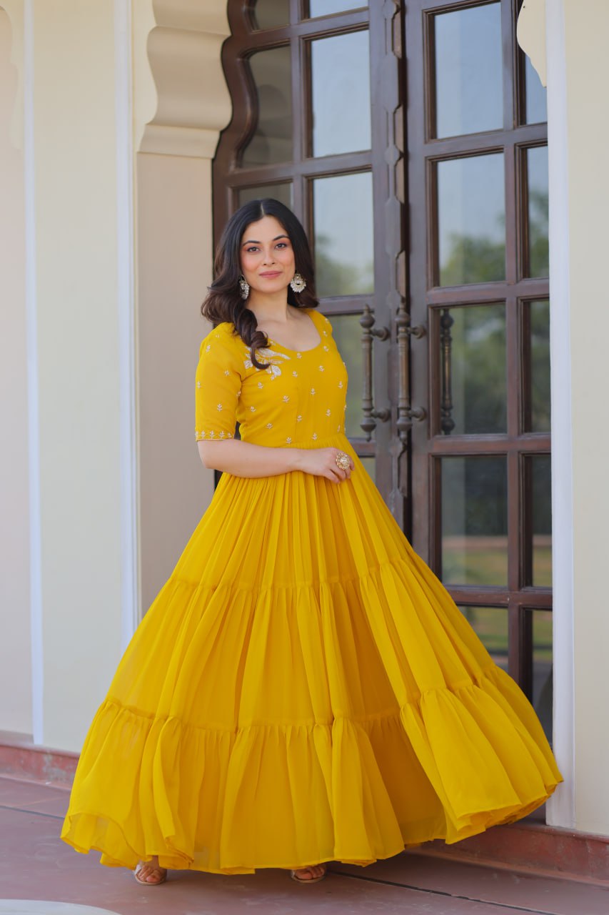 Sweet Yellow Embroidered Georgette Traditional Gown