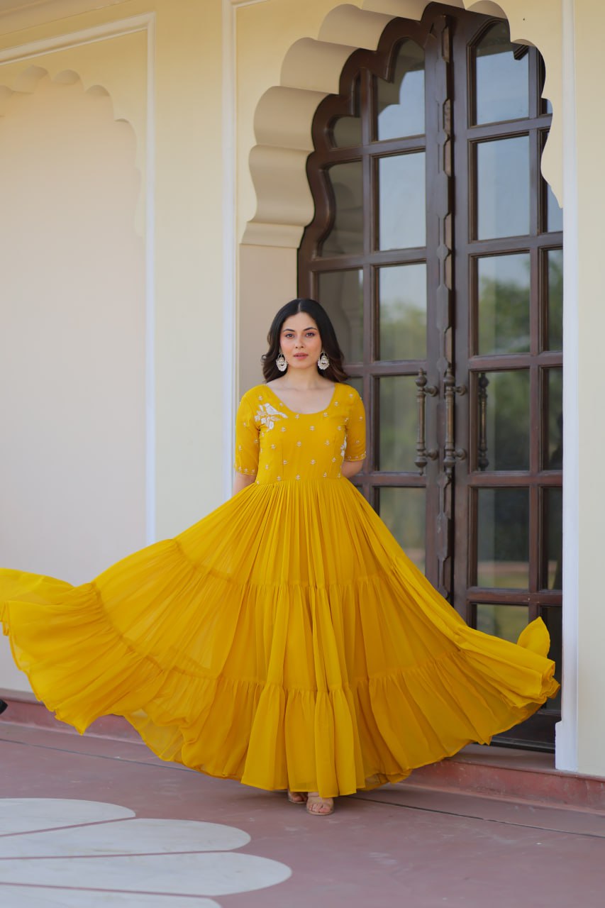 Sweet Yellow Embroidered Georgette Traditional Gown