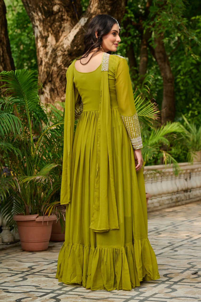 Amazing Parrot Green Georgette Beads Work Gown With Dupatta
