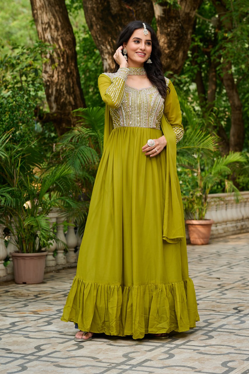 Amazing Parrot Green Georgette Beads Work Gown With Dupatta