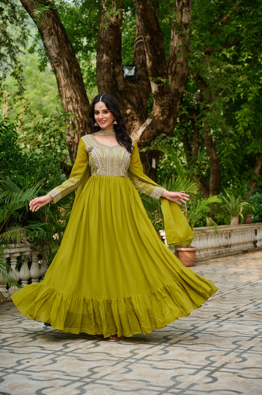 Amazing Parrot Green Georgette Beads Work Gown With Dupatta