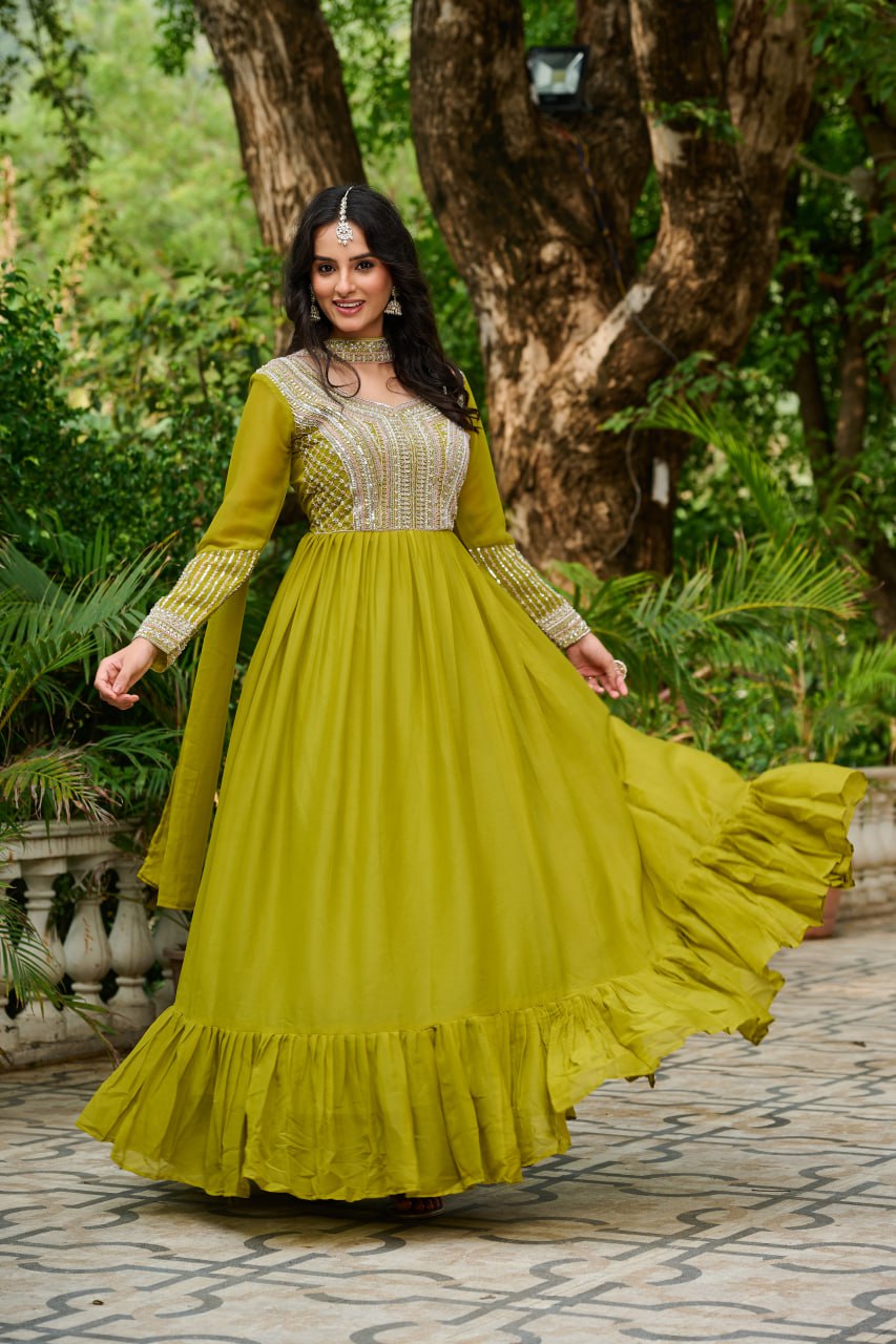 Amazing Parrot Green Georgette Beads Work Gown With Dupatta