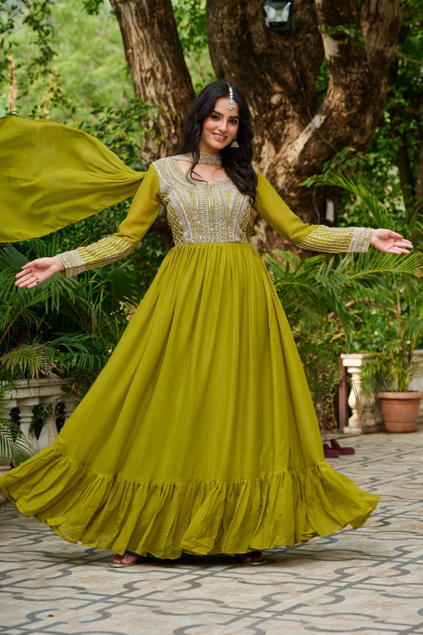 Amazing Parrot Green Georgette Beads Work Gown With Dupatta