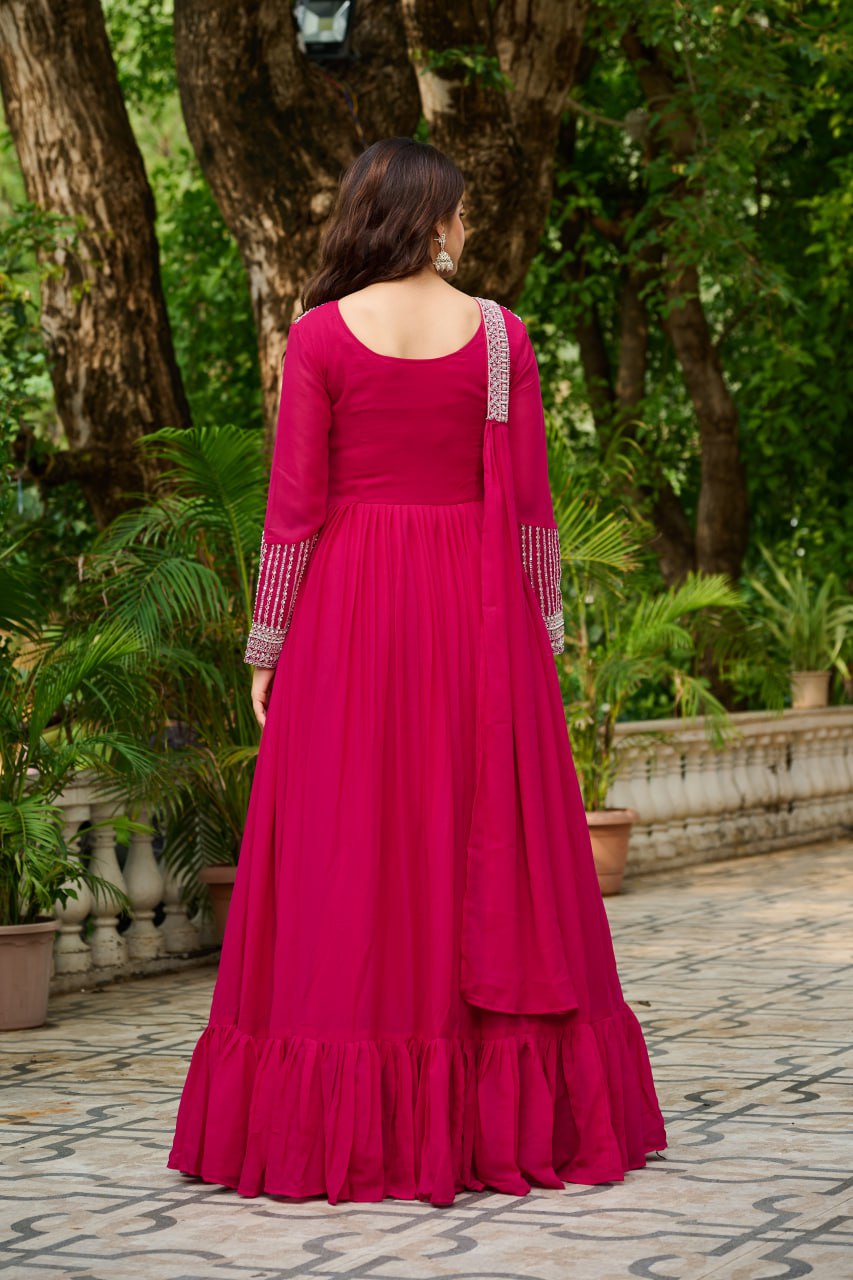 Alluring Pink Georgette Sequins Embroidered Gown With Dupatta