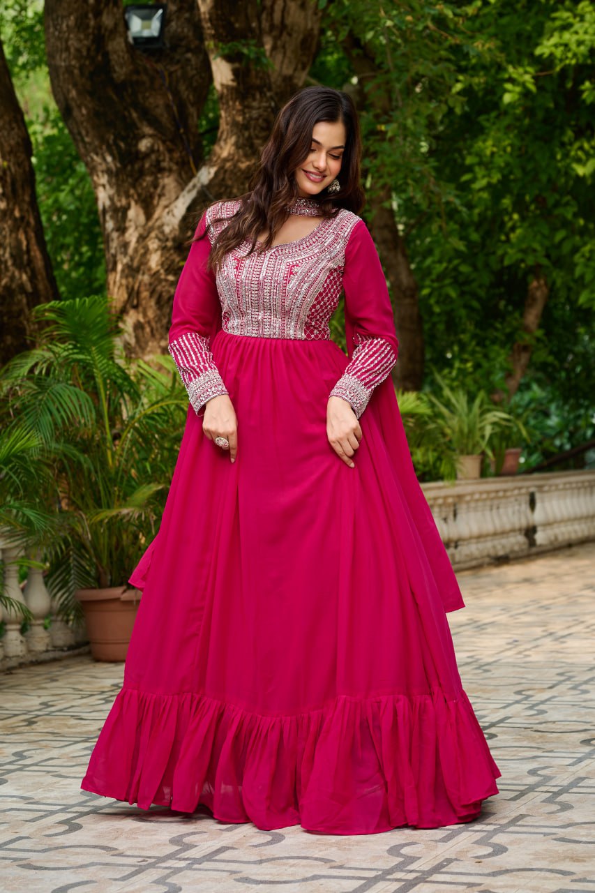 Alluring Pink Georgette Sequins Embroidered Gown With Dupatta