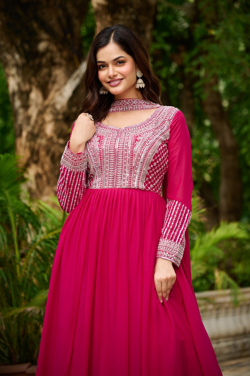 Alluring Pink Georgette Sequins Embroidered Gown With Dupatta