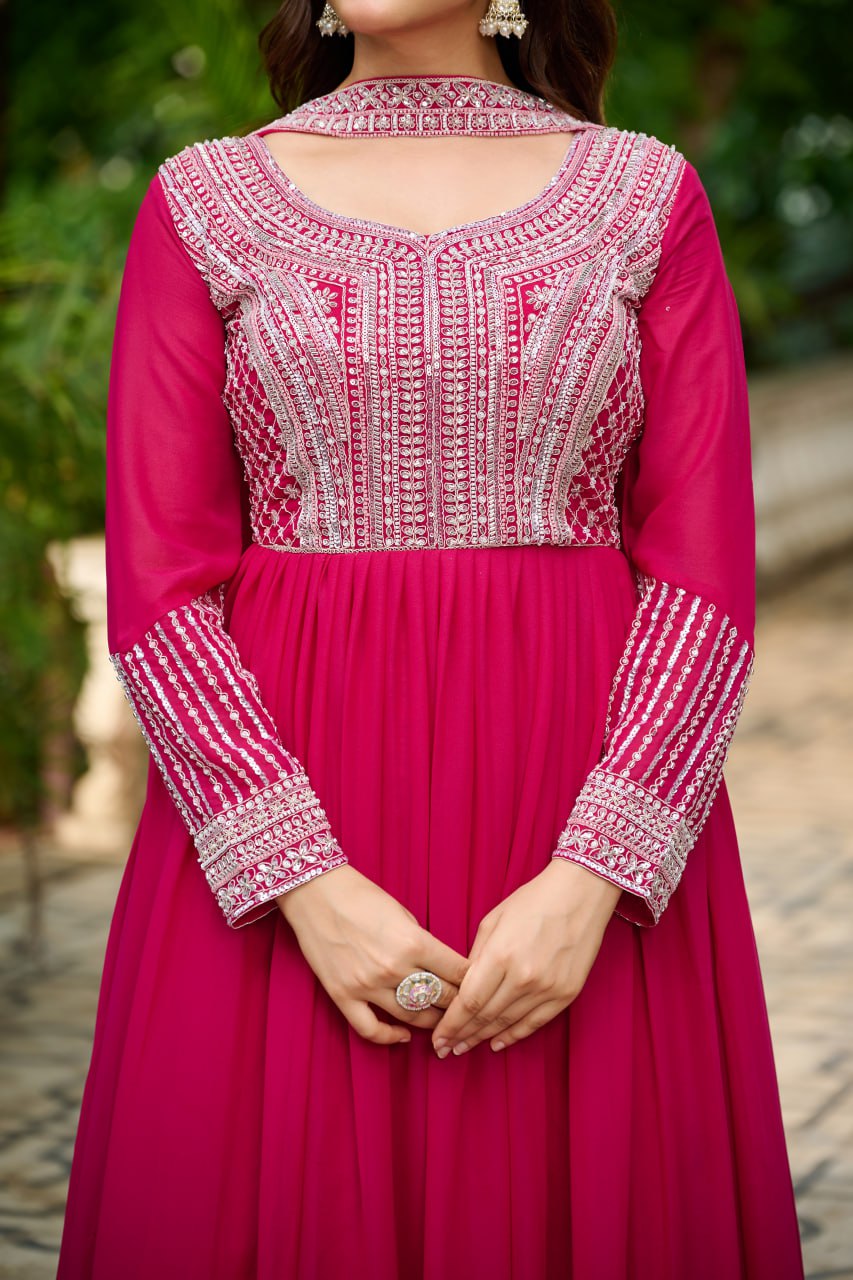 Alluring Pink Georgette Sequins Embroidered Gown With Dupatta